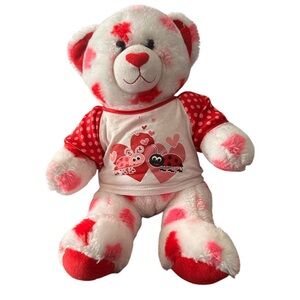 Build A Bear Valentine's White Plush Bear Pink & Red Hearts 15" Stuffed Toy